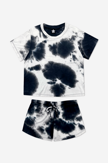 Short Sleeve Easy Tee & Dolphin Short - Black White Tie Dye