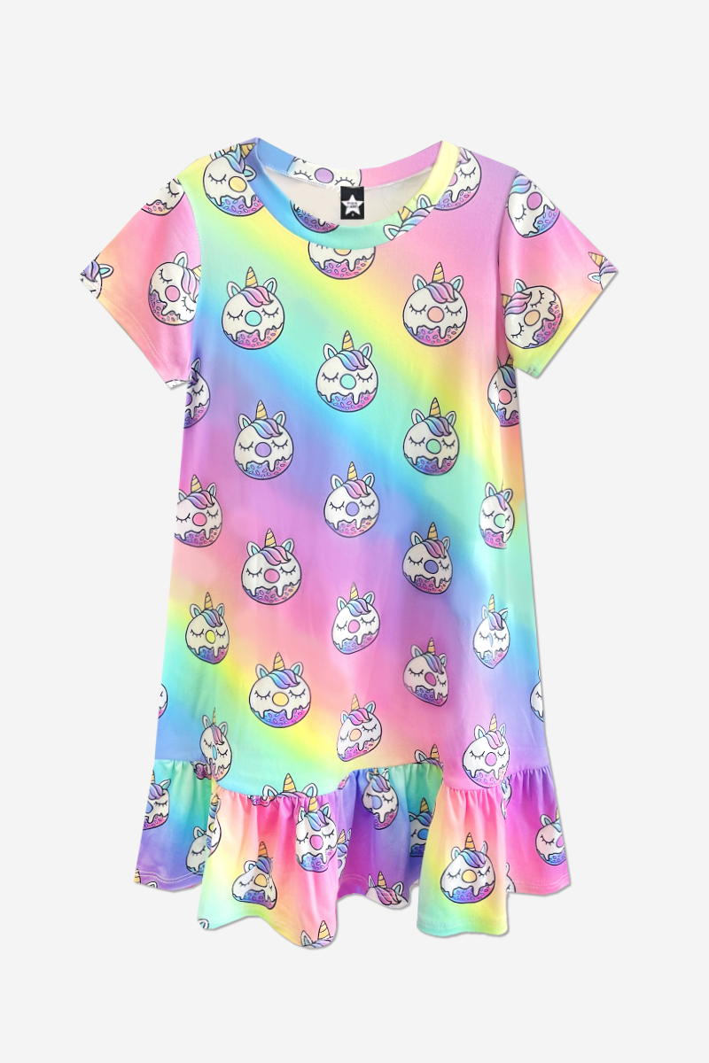 Simply Soft Short Sleeve Ruffle Nightgown - Rainbow Donut Unicorns