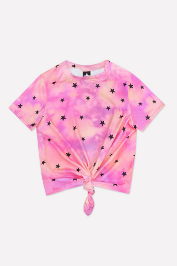 Simply Soft Tie Front Tee - Pink Sherbet Black Stars