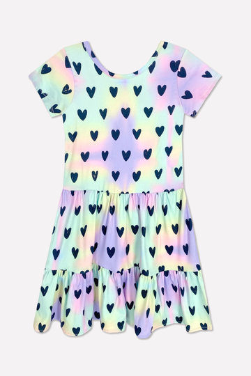 Simply Soft Short Sleeve Tiered Dress - Pastel Black Hearts