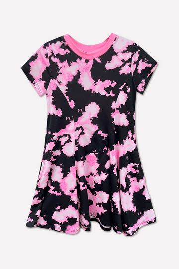 Simply Soft Short Sleeve Twirl Pocket Dress - Neon Pink Black Tie Dye