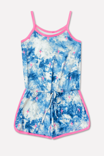 Simply Soft Strappy Dolphin Short Romper - Denim Pink Bolts