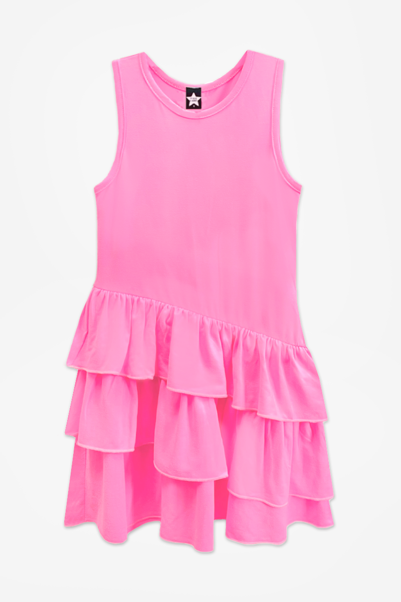 Simply Soft Tank Asymmetrical Triple Ruffle Skirt Dress - Neon Pixie Pink