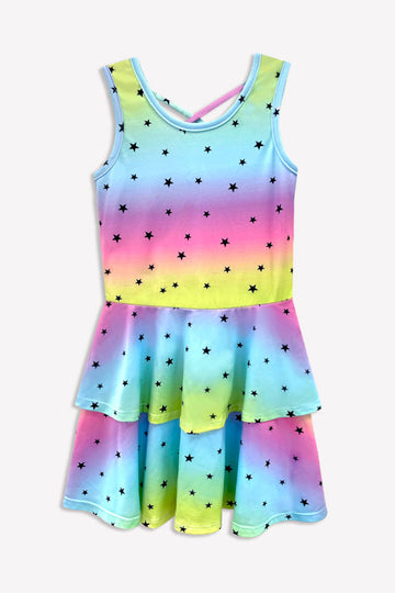 Simply Soft Tank Ruffle Skirt Dress - Rainbow Black Stars