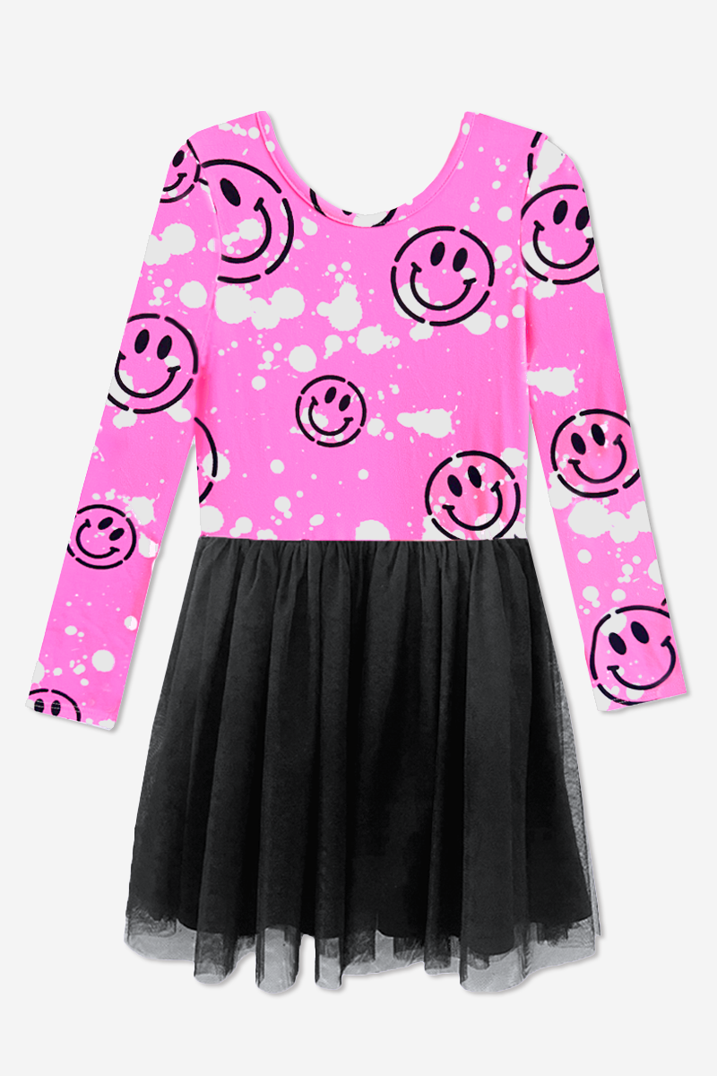 Simply Soft Long Sleeve Be Happy Tulle Dress - Pink Splatter Smile