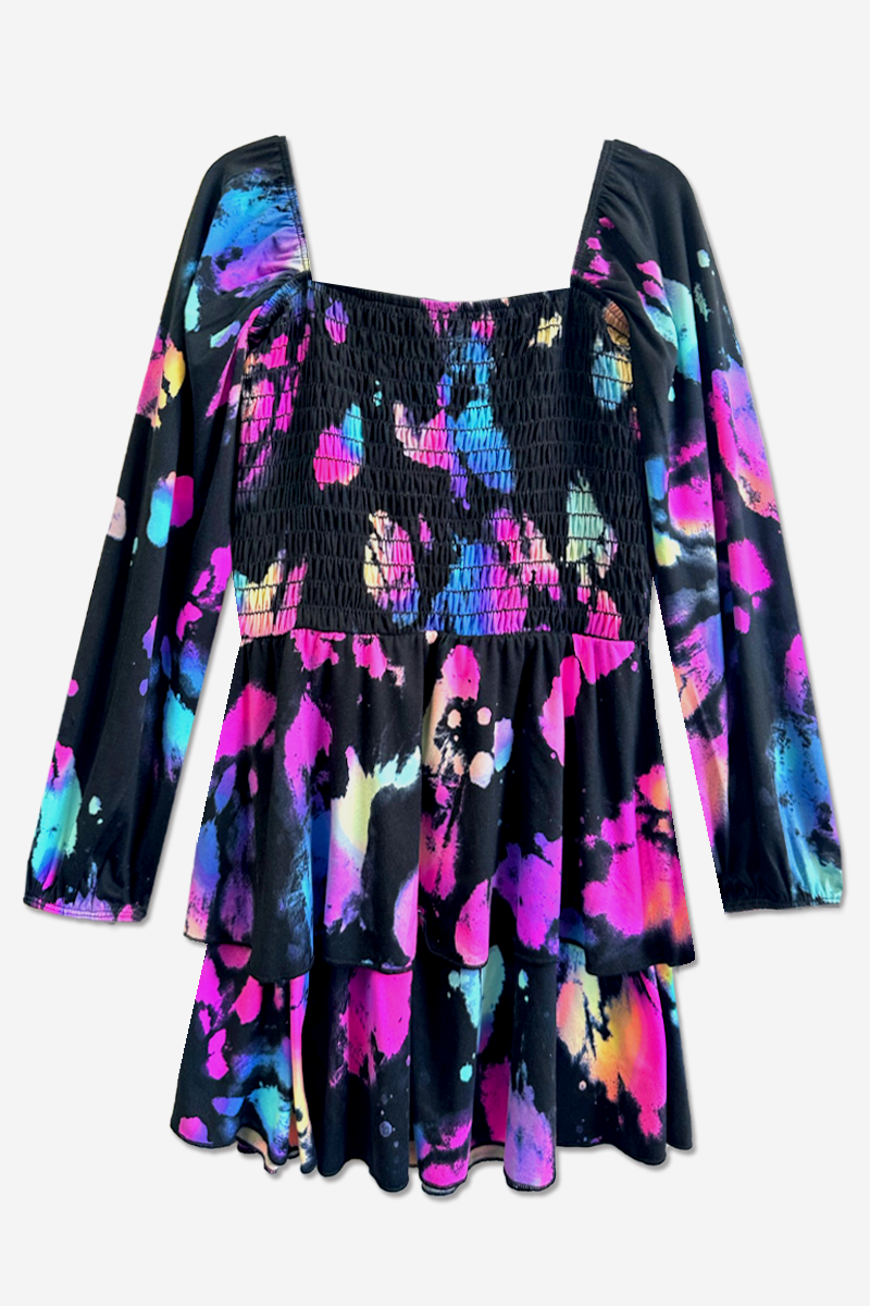 Simply Soft Long Sleeve Smocked Ruffle Skirt Dress - Black Pink Bleach Tie Dye