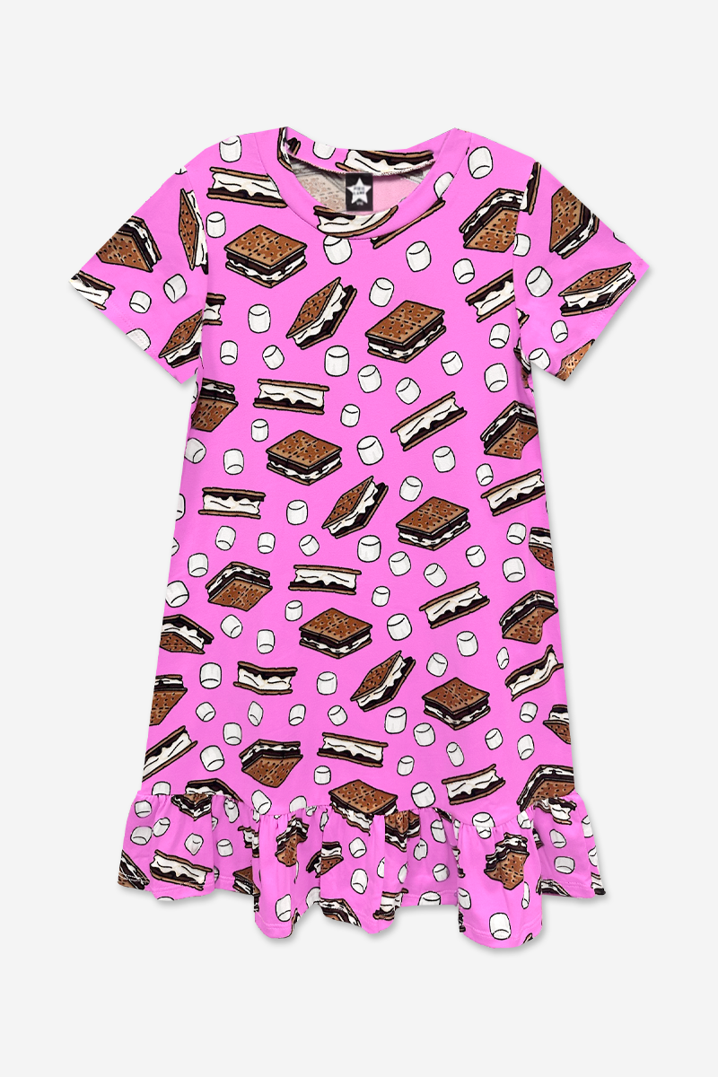 Simply Soft Short Sleeve Ruffle Lounge Dress - Pink Rainbow Bow Cherry - NEW