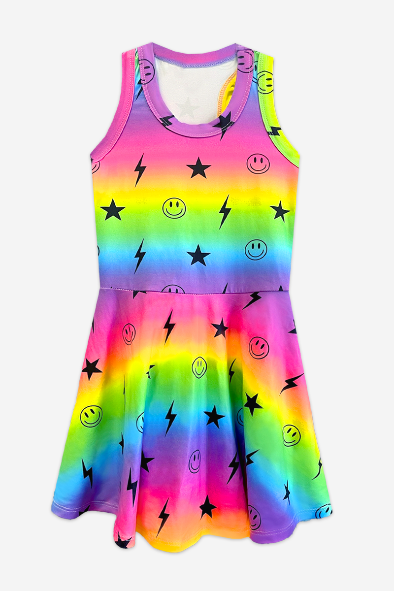 Simply Soft Racerback Skater Dress - Rainbow Smiley Star Bolt