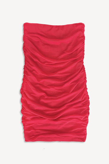 Strapless Mesh Ruched Dress - Red