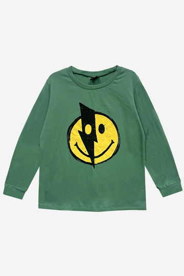 Washed Cotton Long Sleeve Tee - Green Smiley Bolt