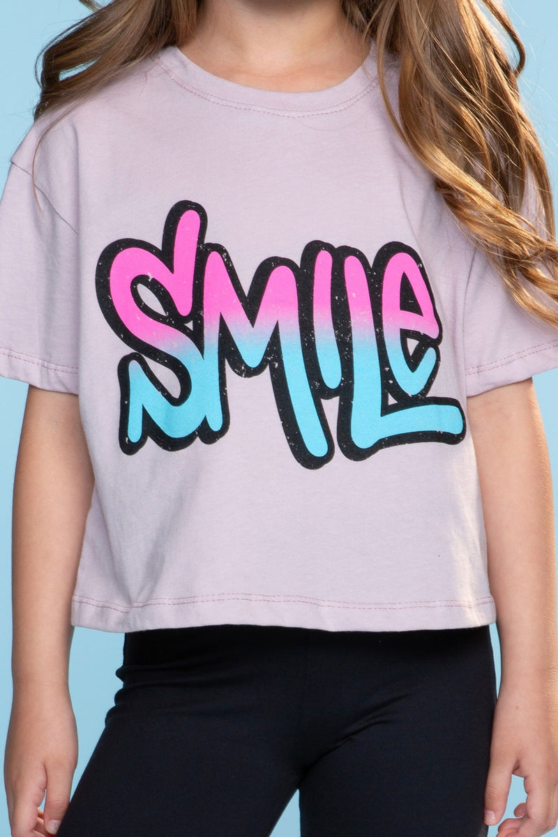 Washed Cotton Drop Shoulder Tee - Ice Lilac Graffiti Smile