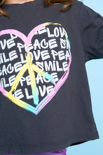 Washed Cotton Long Sleeve Easy Tee - Washed Black Pink Peace Heart