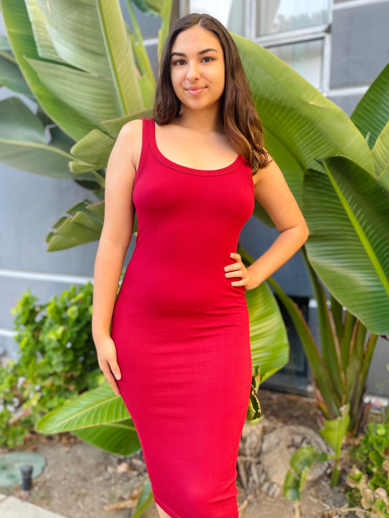 Women’s Seamless Ribbed Midi Tank Dress - Dark Red