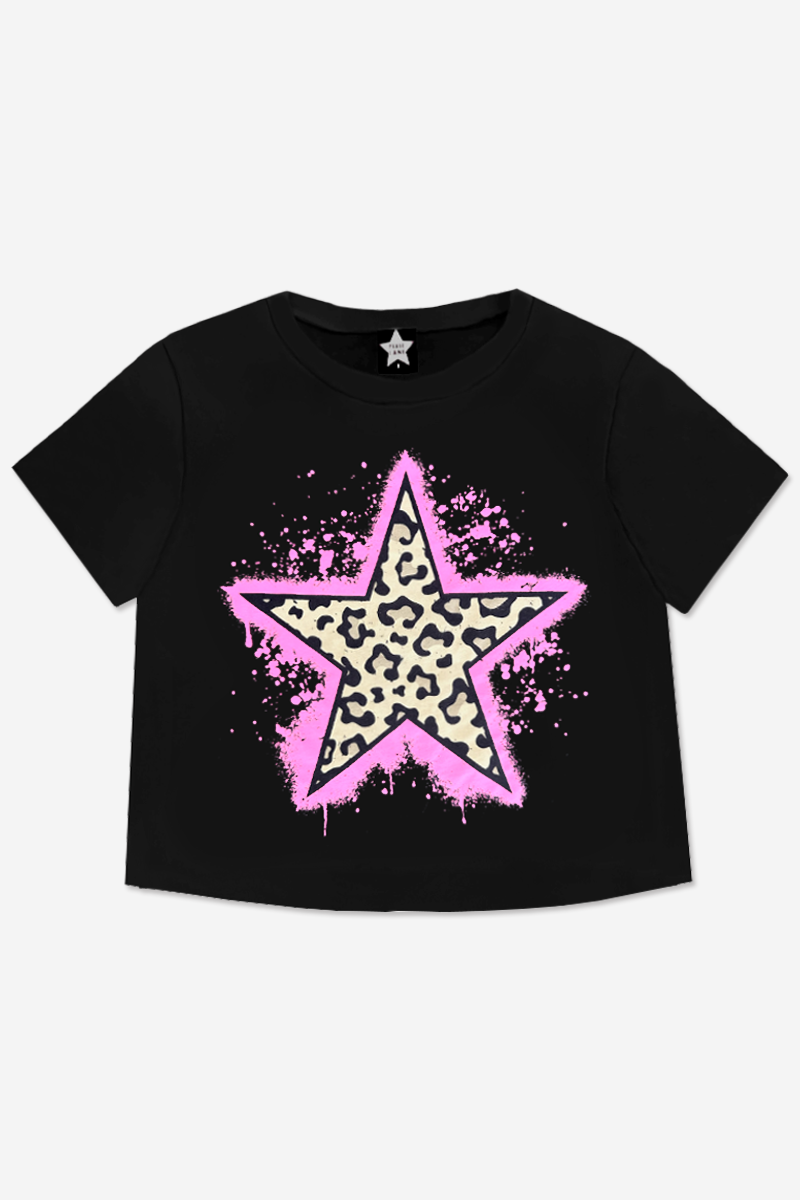 Washed Cotton Drop Shoulder Tee - Black Pink Leopard Stars