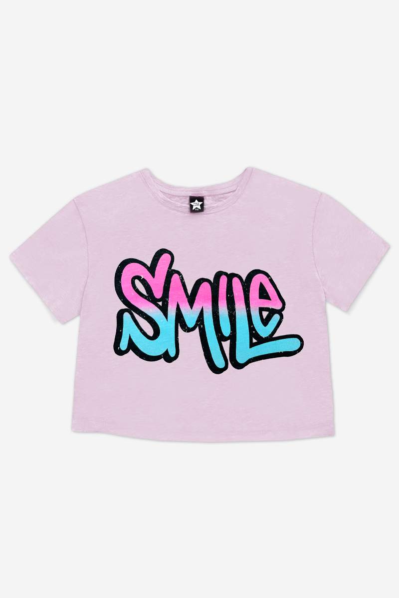 Washed Cotton Drop Shoulder Tee - Ice Lilac Graffiti Smile