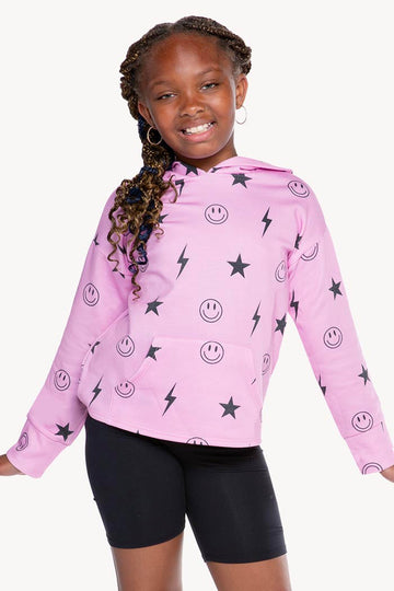 French Terry Easy Hoodie - Candy Pink Star Smiley Bolts