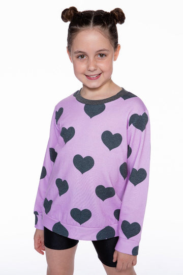 French Terry Long Sleeve Crew Sweatshirt - Pink Lilac Charcoal Hearts