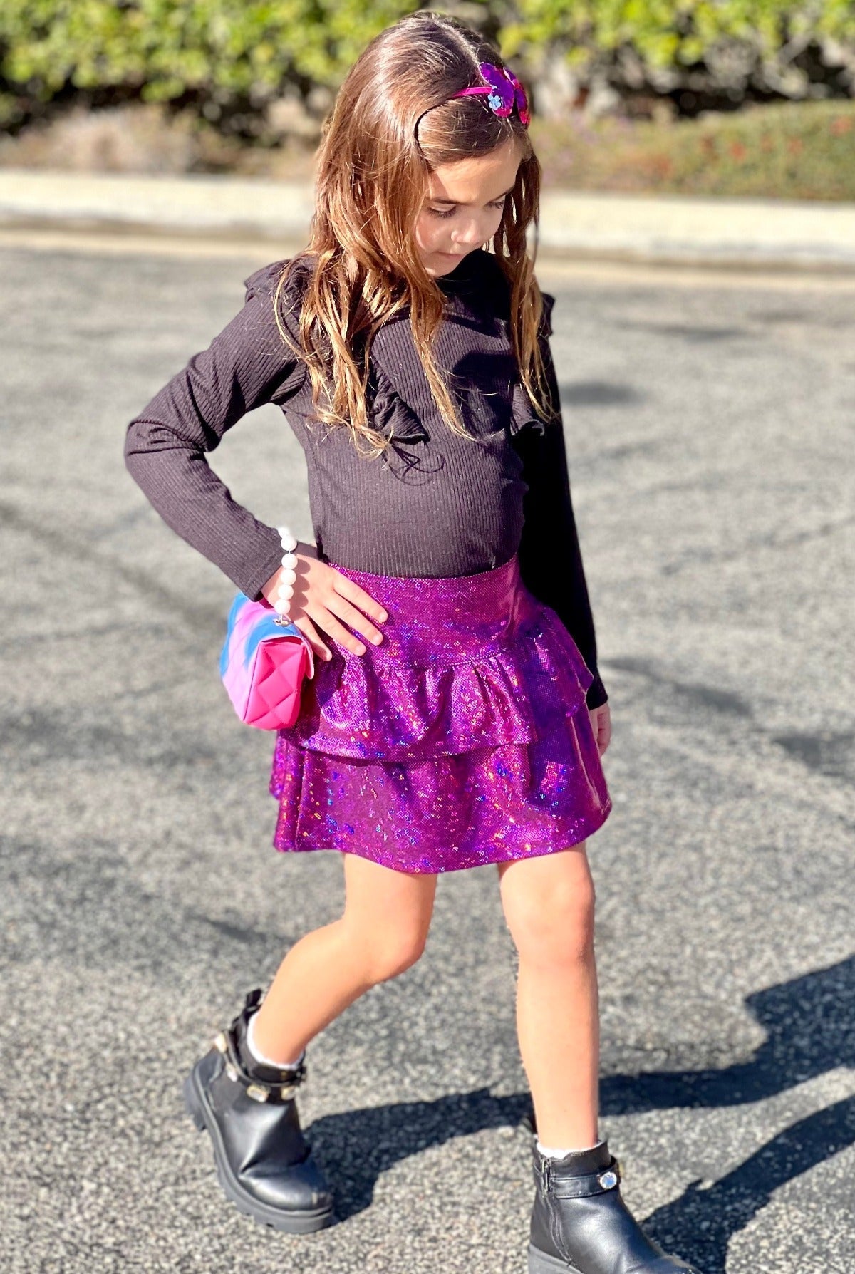 Tiered Skirt - Fuschia Black Glitter – PixieLane