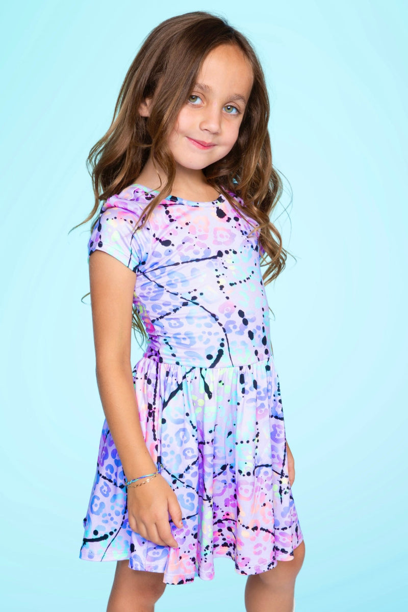 Simply Soft Short Sleeve Be Happy Dress - Lilac Leopard Splatter