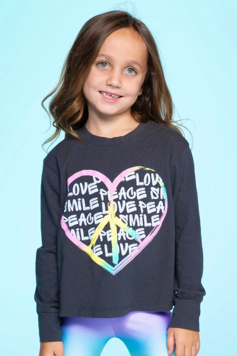 Washed Cotton Long Sleeve Easy Tee - Washed Black Pink Peace Heart