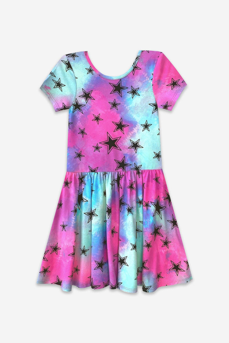 Simply Soft Short Sleeve Be Happy Dress - Aqua Pink Tie Dye Stars