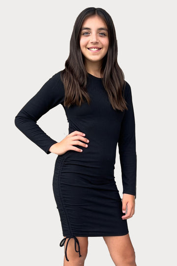 Long Sleeve Ribbed Ruched Dress - Black