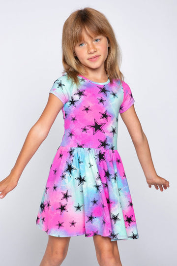 Simply Soft Short Sleeve Be Happy Dress - Aqua Pink Tie Dye Stars